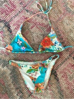 Floral Bikini Swimsuit - Turquoise & Orange with beaded detail on top . M